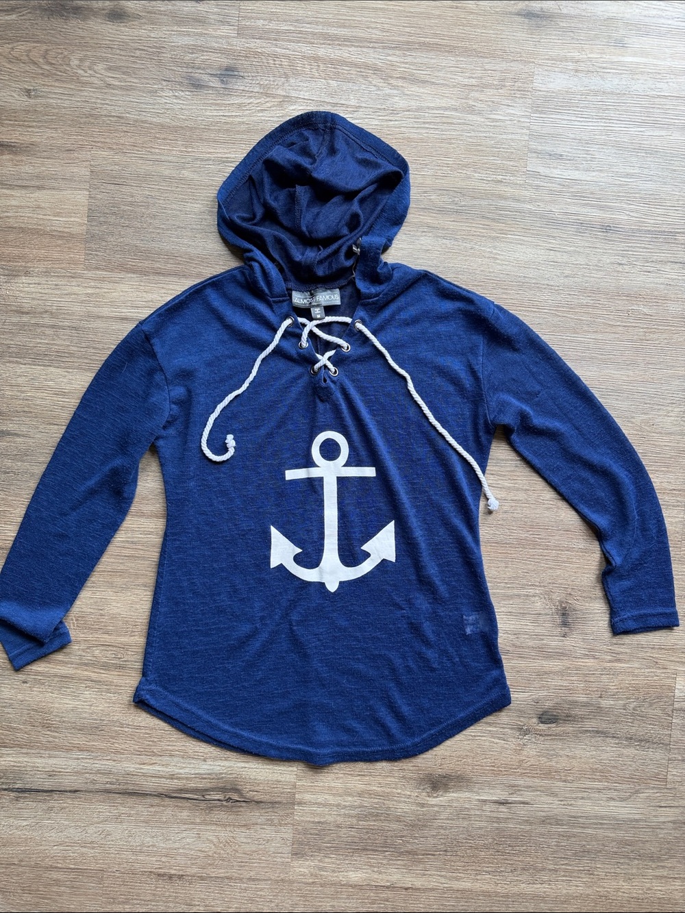 Almost Famous Navy Blue Long Sleeve Hoodie Tee with White Anchor